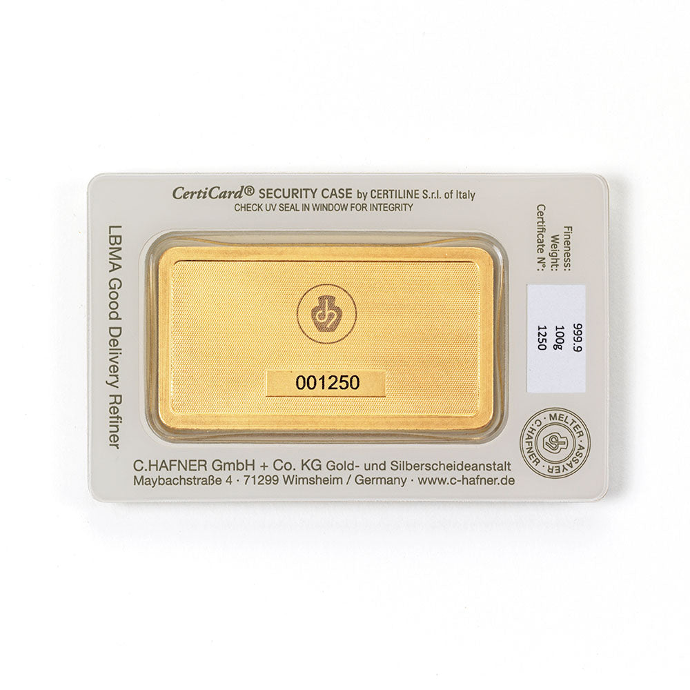 100 g Goldbarren geprägt (C. Hafner)