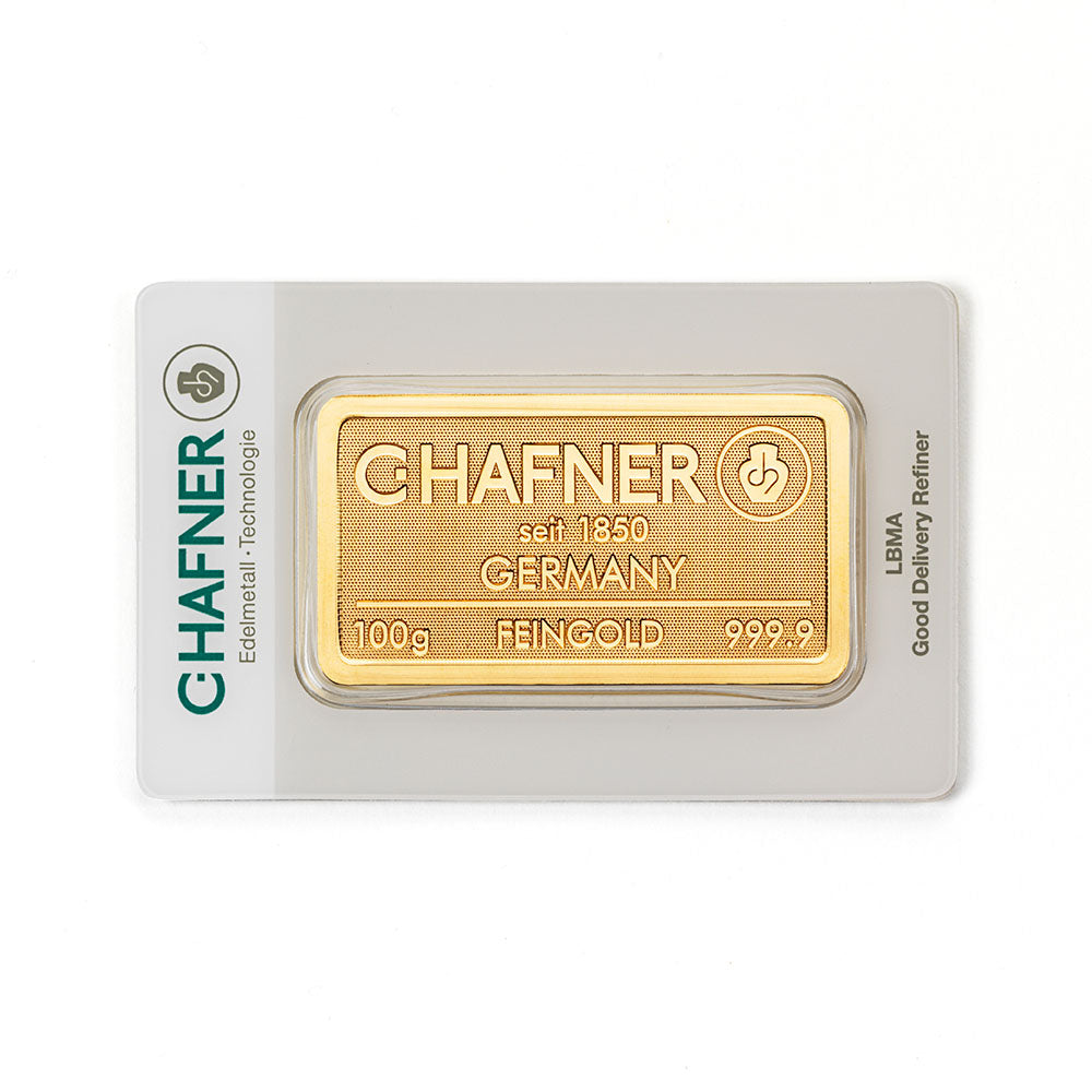 100 g Goldbarren geprägt (C. Hafner)