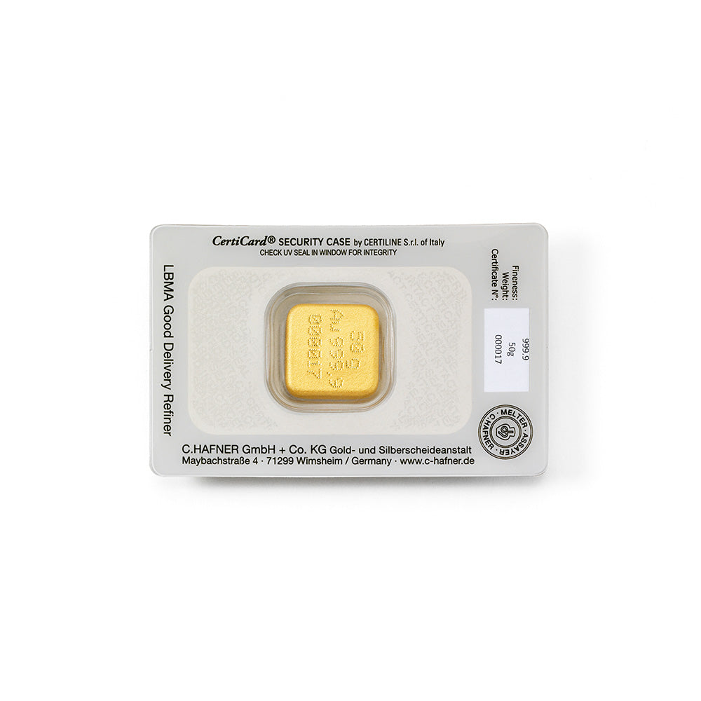 50 g Goldbarren gegossen quadratisch (C. Hafner)