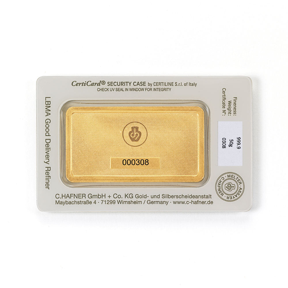 50 g Goldbarren geprägt (C. Hafner)