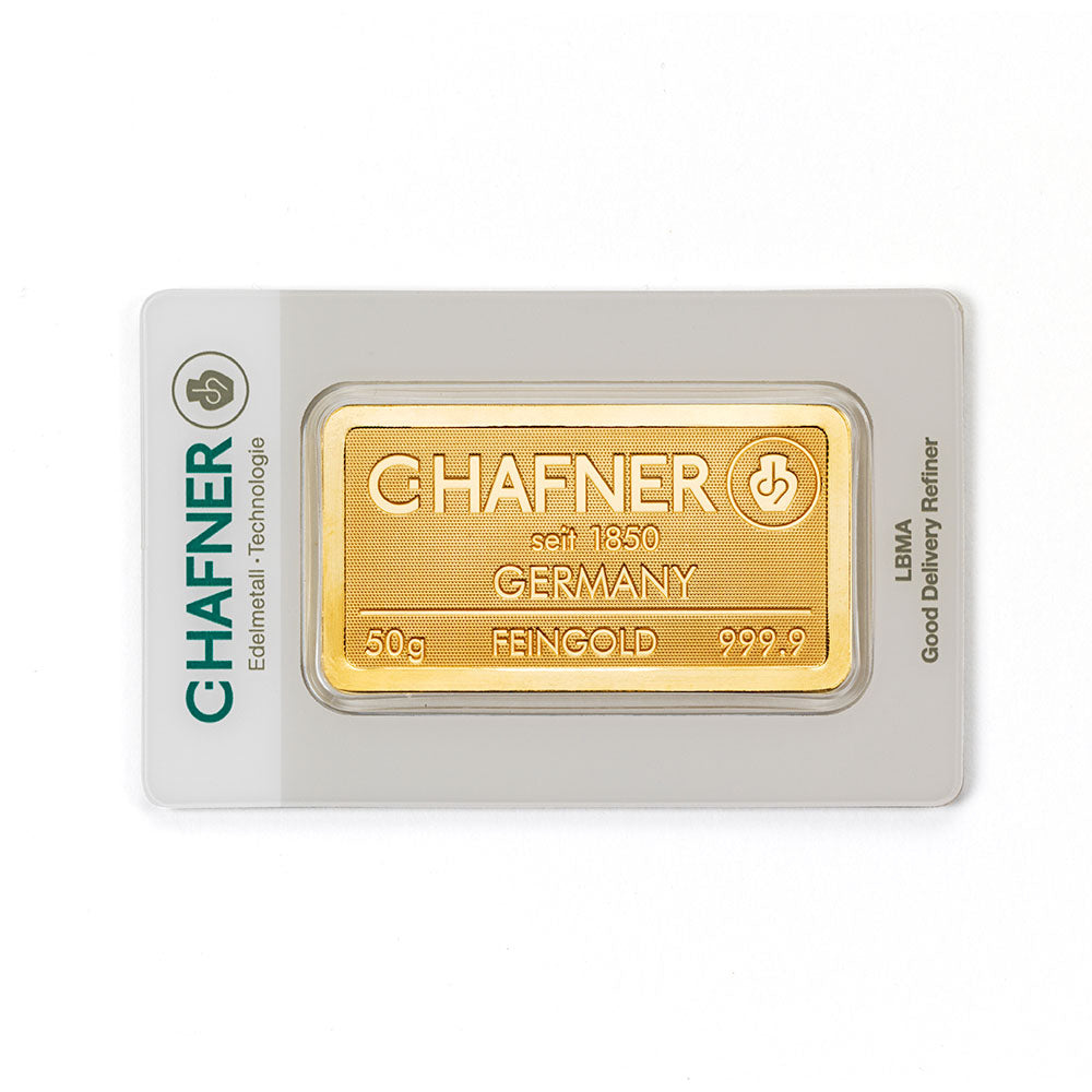 50 g Goldbarren geprägt (C. Hafner)