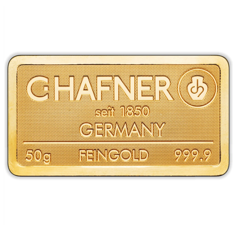 50 g Goldbarren geprägt (C. Hafner)
