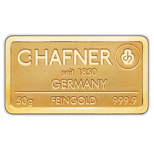 50 g Goldbarren geprägt (C. Hafner)